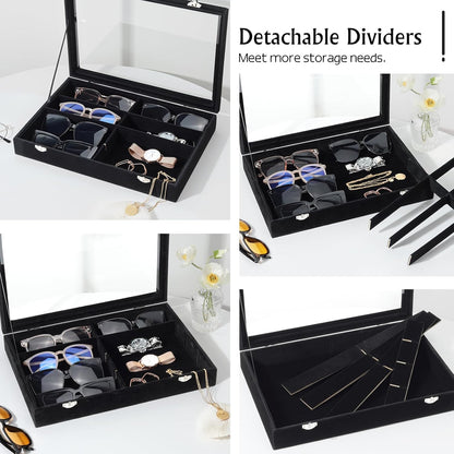 Emibele Glasses Organizer Jewelry Tray, 8 Grids with Clear Lid Velvet Tray Watch Storage Stackable Jewelry Showcase Display Storage with Detachable Inner Dividers, Beige