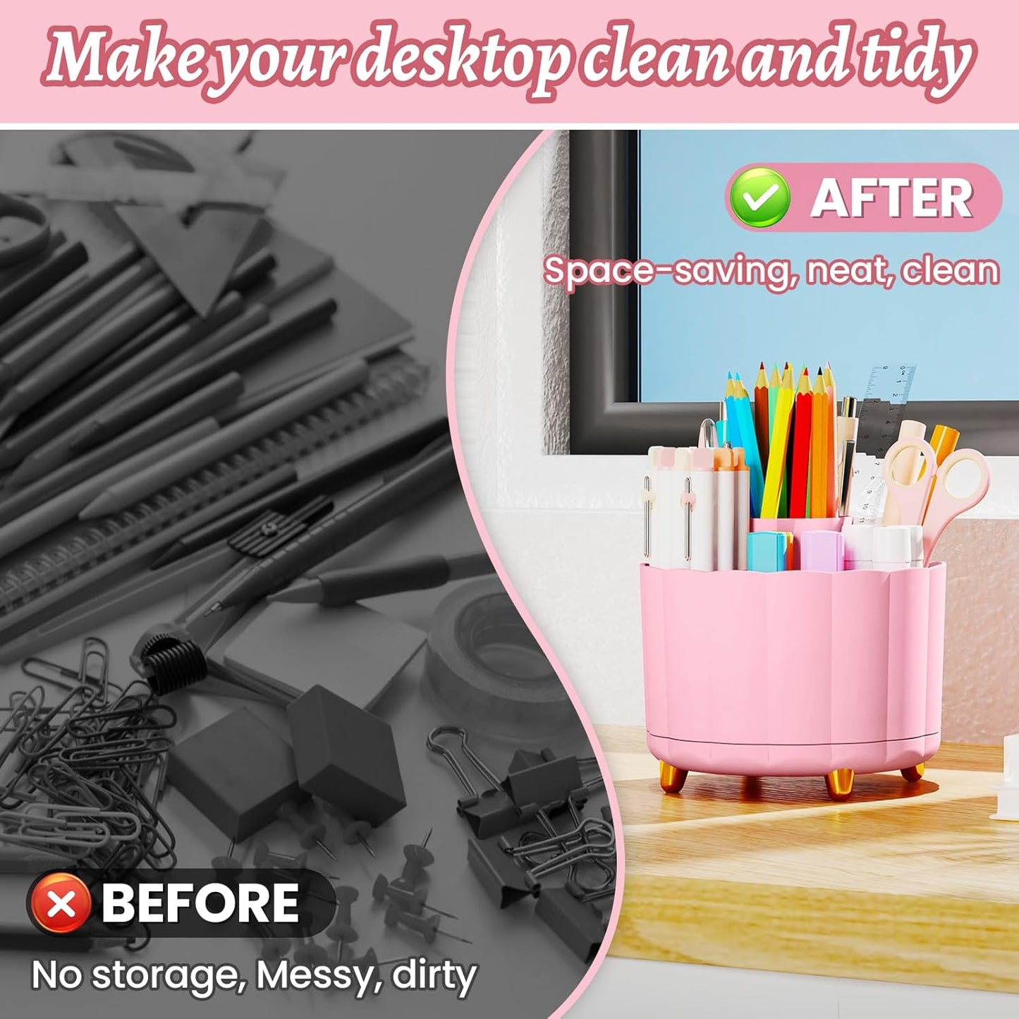 360 Rotating Pencil Pen Holder for Desk, White Pen Organizer with 6 Slots, Cute Office Supplies, Desk Accessories for Office, School, Home