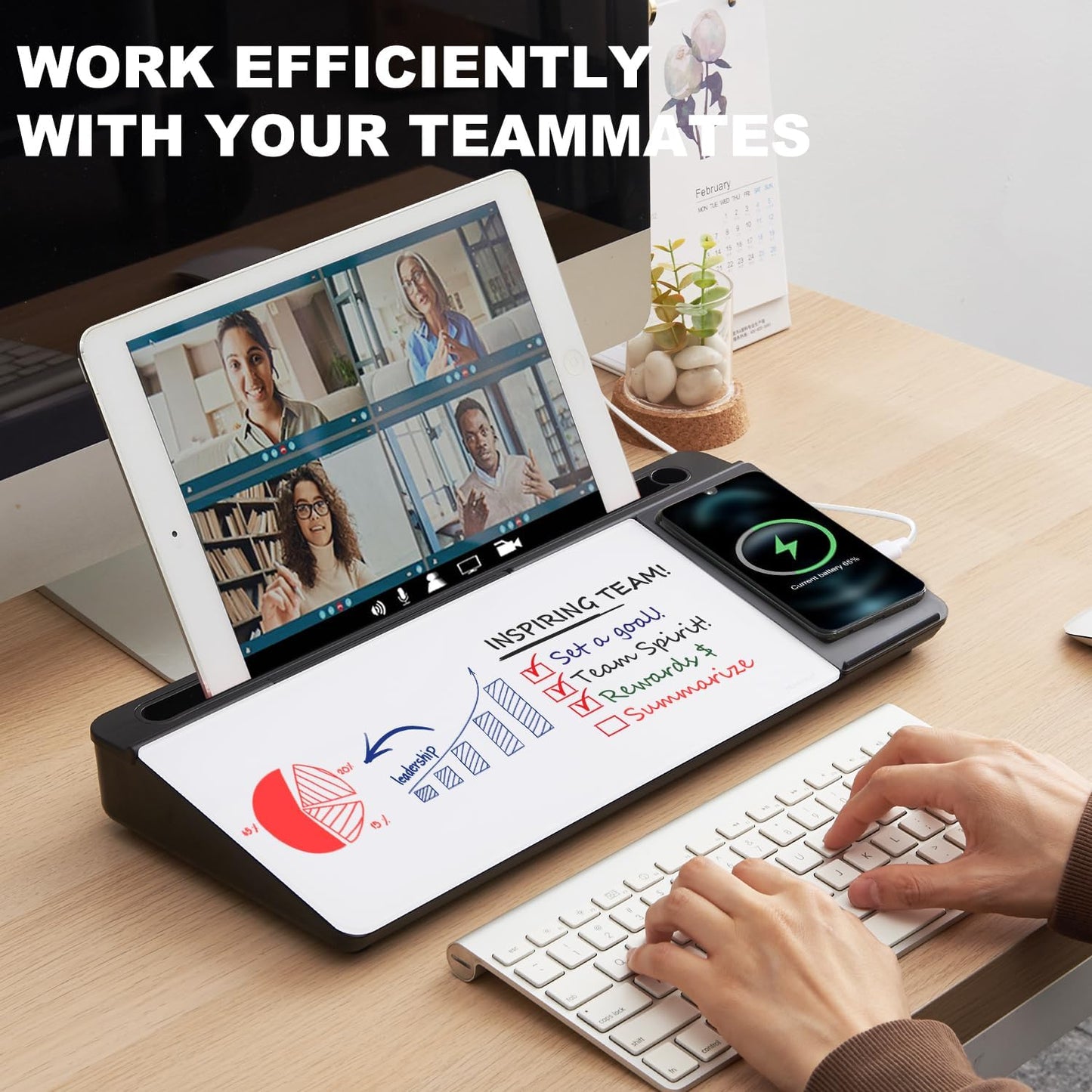 TSJ OFFICE Small Desktop Whiteboard -Glass Dry Erase Board Computer Keyboard Stand White Board Surface Pad with Drawer, Desk Organizers with Accessories for Office, Home, School Supplies - White