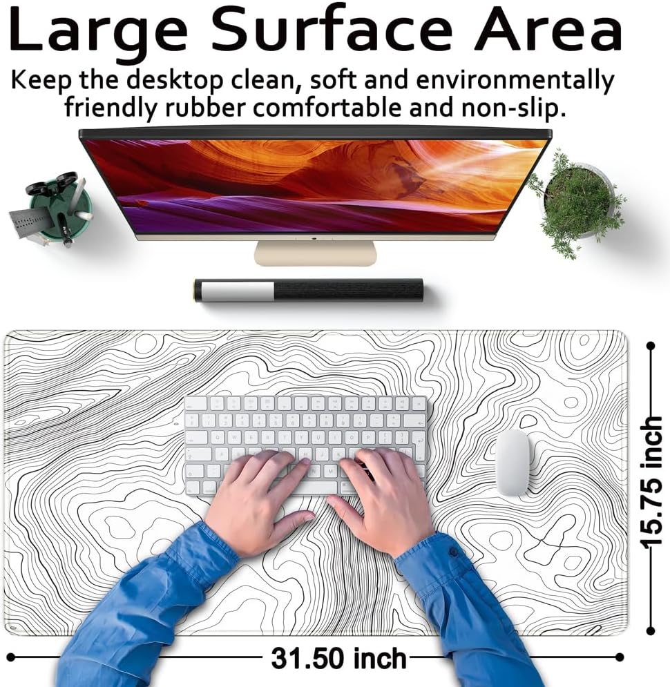 World Map Desk Mat Historical World Map Desk Pad Extra Large Computer Mouse Pad XL Black Topographic Mousepad Keyboard Pad for Desk Gaming Computer Laptop Office Non-Slip Desk Pad 31.5x11.8 in