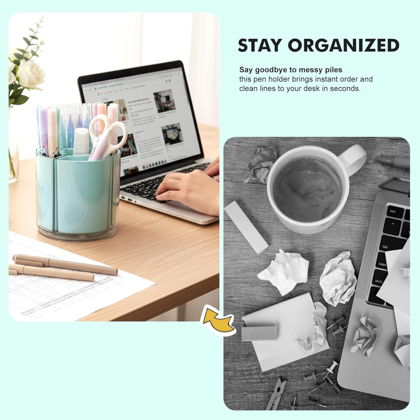 Comix 360° Rotating Pen Holder for Desk, Cute Pencil Holder Pen Organizer, Green Acrylic Pencil Cup Caddy with 5 Slots for Home School Office Supplies