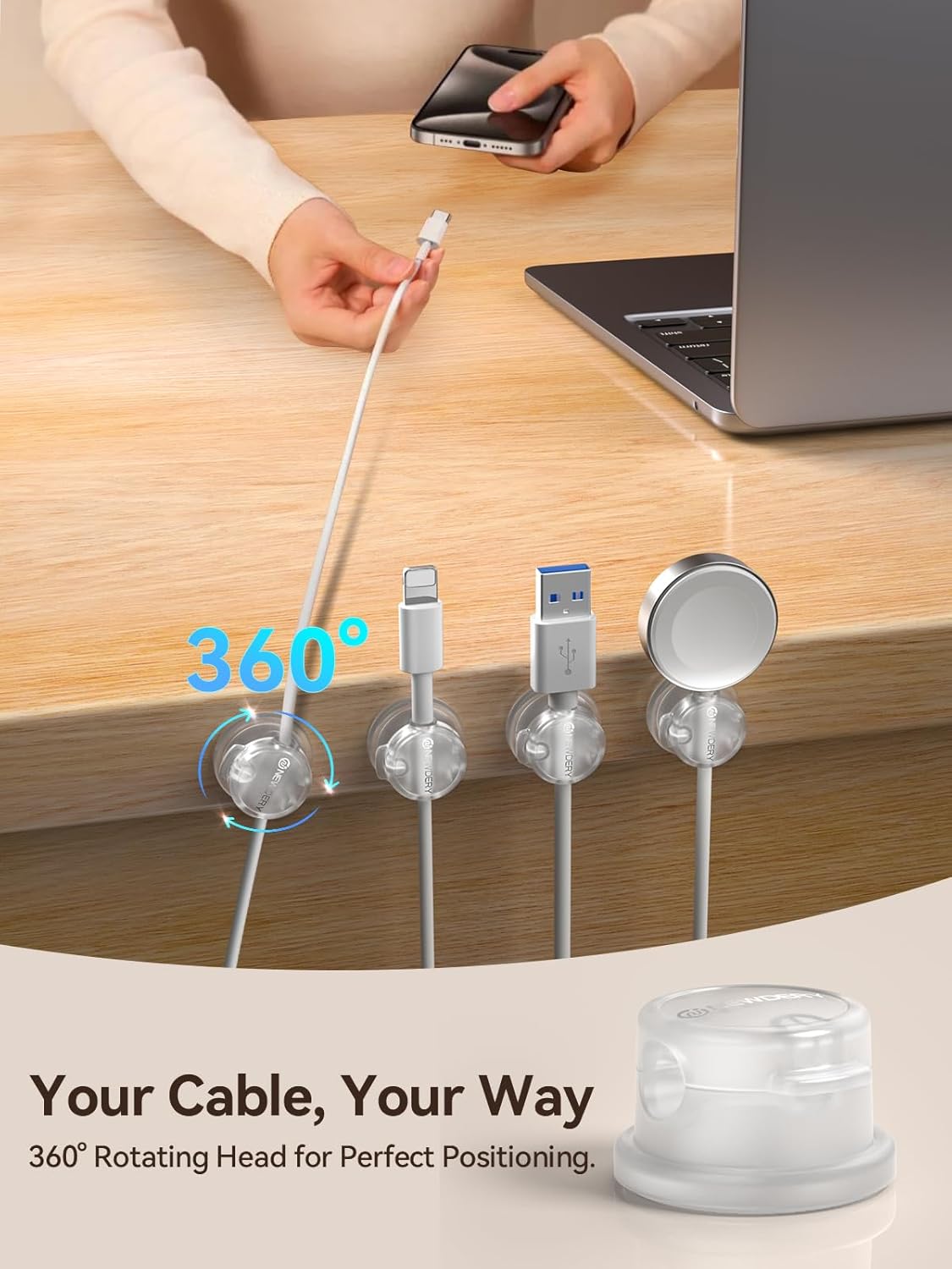 NEWDERY Magnetic Cord Organizer | 10 Pack Cable Clips with 360° Swivel & 1s Lock | Charging Cord Holder for Desk, Nightstand | Perfect Cable Management for Home Office & Gaming Setup- Clear