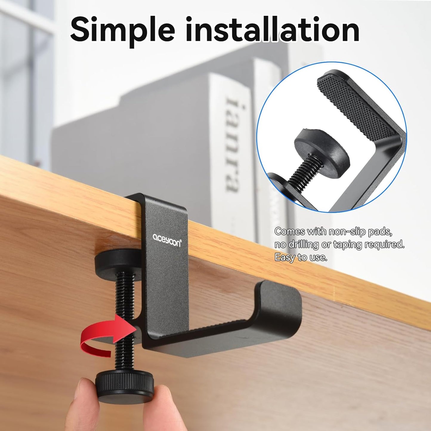 aceyoon Foldable Headphone Stand for Desk, Aluminum Headset Stand Clamp Hook Under Desk Space Save Mount, Headset Holder for Gaming Headphone, Office, Backpack, Bag, Purse Hanging (Black)