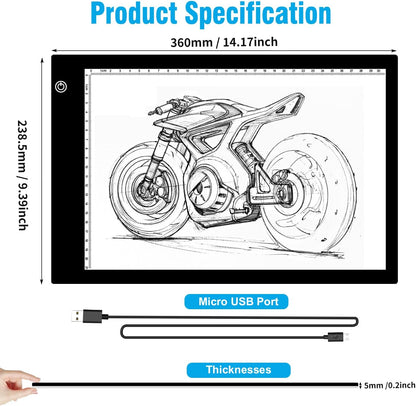 A4 LED Light Pad for Tracing, Adjustable Brightness Drawing Light Board forDiamond Painting, Vinyl Weeding, Sketching & Tattoo Transfer, USB PoweredEye-Care Light Box for Kids & Artists
