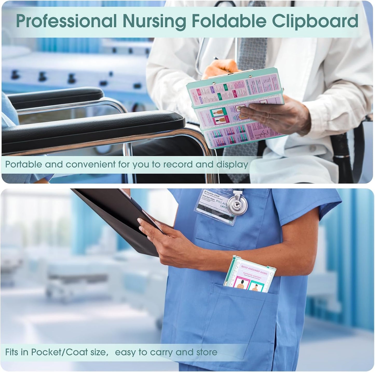 Nursing Clipboard Foldable, Thicken Aluminum Trifold Nursing Clipboard, Nursing Pocket Size Nurse Clipboards with Pen Holder, Nursing Edition Cheat Sheet for Students, Nurses and Doctors, Mint