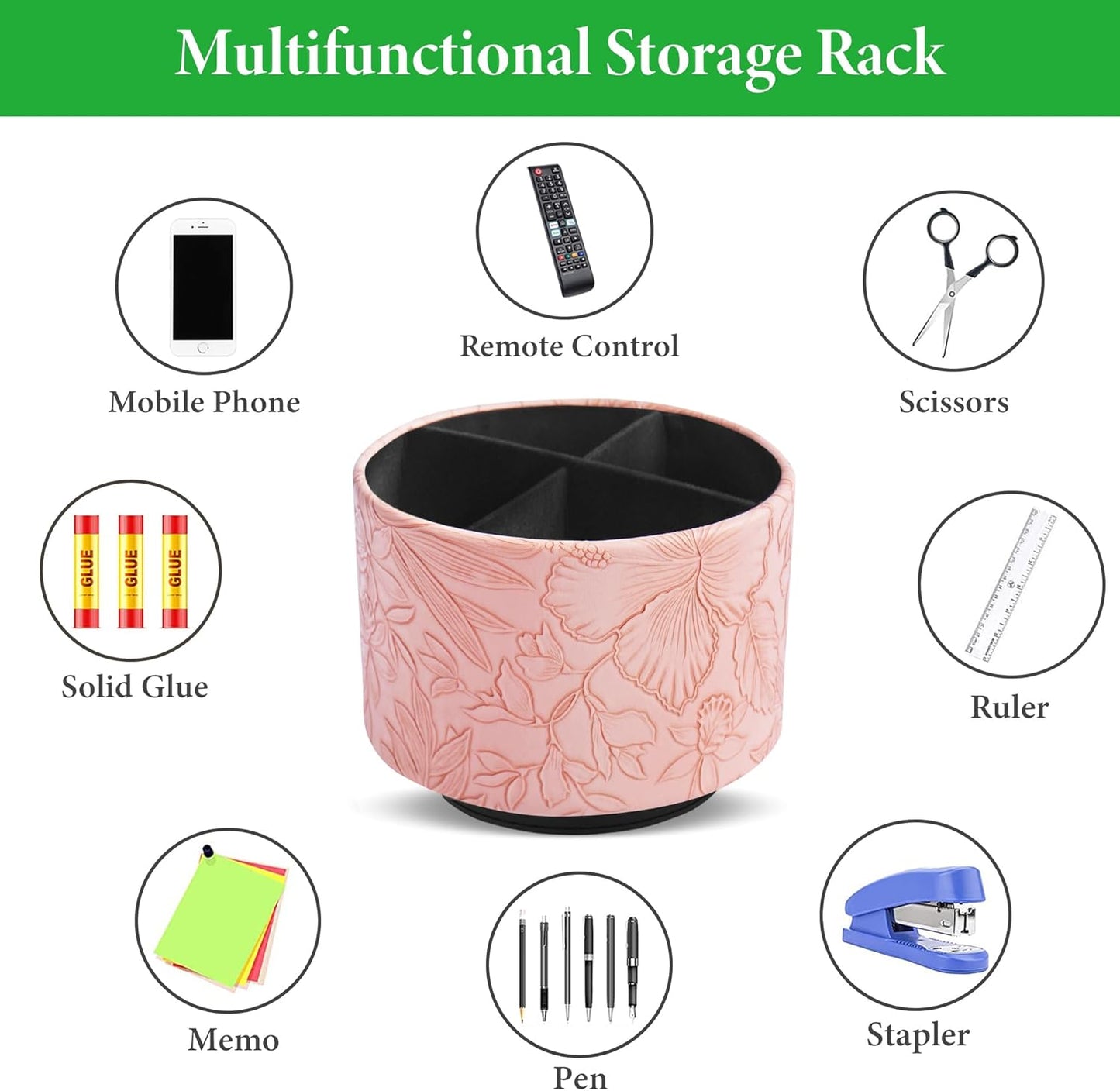 Round Leather Art Supply Organizer,Remote Control Holder,360 Degree Rotating,Multi-Functional Pencil Holder,4 Compartments Desktop Stationary Organizer(1-Fractal Flower) | Round - Colors A