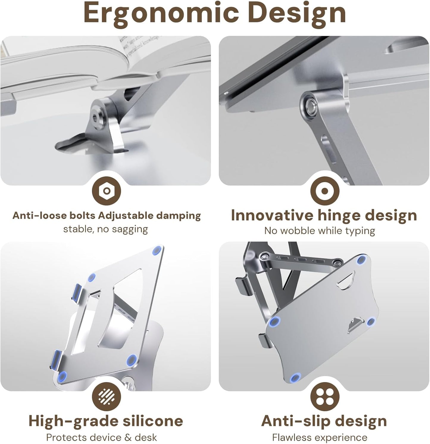 Laptop Stand for Desk, Aluminum Metal MacBook Stand，Computer Riser for Desk, Portable Foldable Adjustable Notebook Holder, Compatible with 10-15.6 Inch Laptops, iPad, Silver.