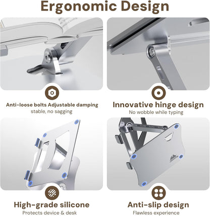 Laptop Stand for Desk, Aluminum Metal MacBook Stand，Computer Riser for Desk, Portable Foldable Adjustable Notebook Holder, Compatible with 10-15.6 Inch Laptops, iPad, Silver.