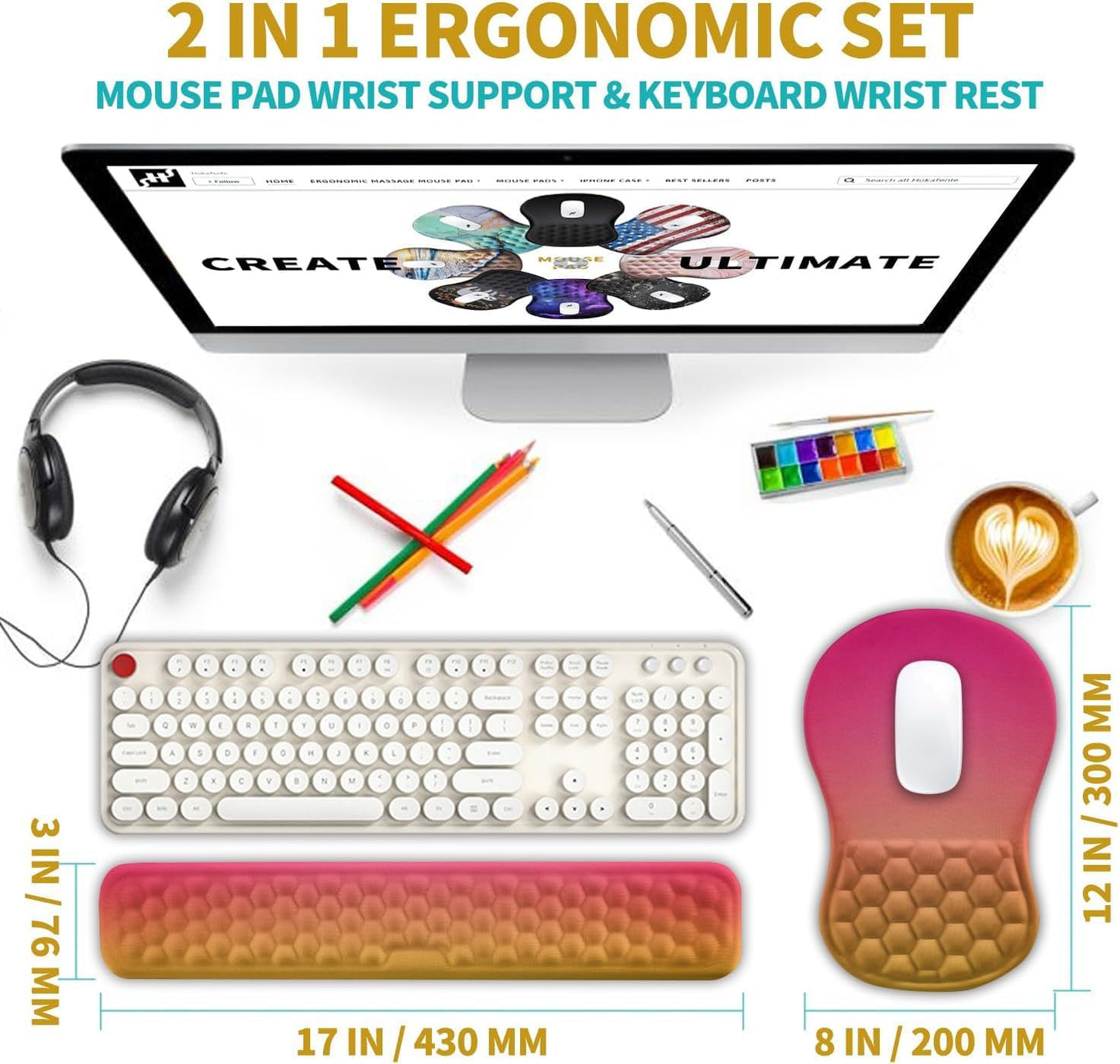 Hokafenle 2 in 1 Ergonomic Mouse Pad Wrist Support & Wrist Rest for Computer Keyboard Set, with Relieve Carpal Tunnel Pain Massage Bulge and Full Memory Gel Design (2In1 Set, Black)