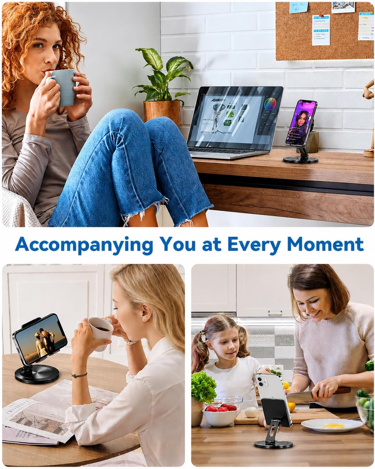 Phone Stand for Desk, 360° Rotating Dual Adjustable Foldable Holder, Heavy Solid All-Aluminum Base Anti-Slip Stable Support for Home Office Study, Fits iPhone Galaxy 4-8" Phones (Silver)