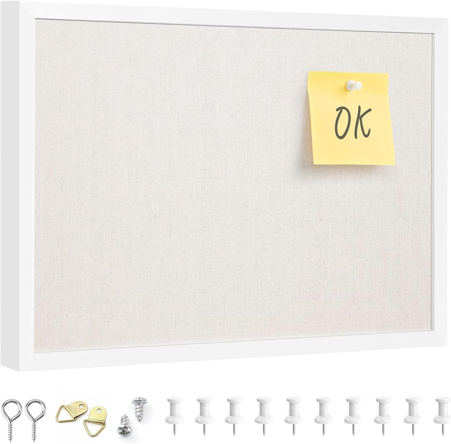OWLKELA 12"x16" inch Bulletin Board with Linen, White Wood Style Frame, with 10 Pushpins, Linen Cork Board, Ideal for School, Home & Office