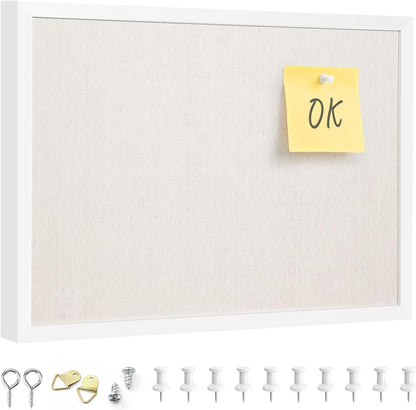 OWLKELA 12"x16" inch Bulletin Board with Linen, White Wood Style Frame, with 10 Pushpins, Linen Cork Board, Ideal for School, Home & Office