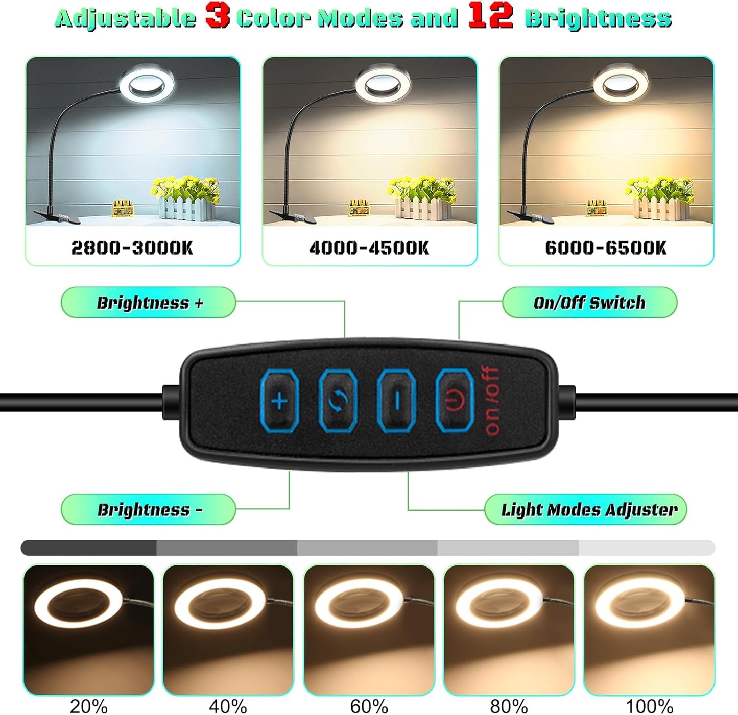 10X Magnifying Glass with Light, Clip on Mganifier with Light, 48 LED Desk Magnifying Glass wtih Clamp, 3 Modes Dimmable Magnifying LED Lamps for Bed Work Crafts DIY Repair