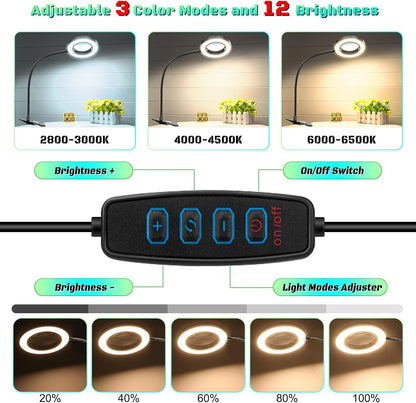 10X Magnifying Glass with Light, Clip on Mganifier with Light, 48 LED Desk Magnifying Glass wtih Clamp, 3 Modes Dimmable Magnifying LED Lamps for Bed Work Crafts DIY Repair