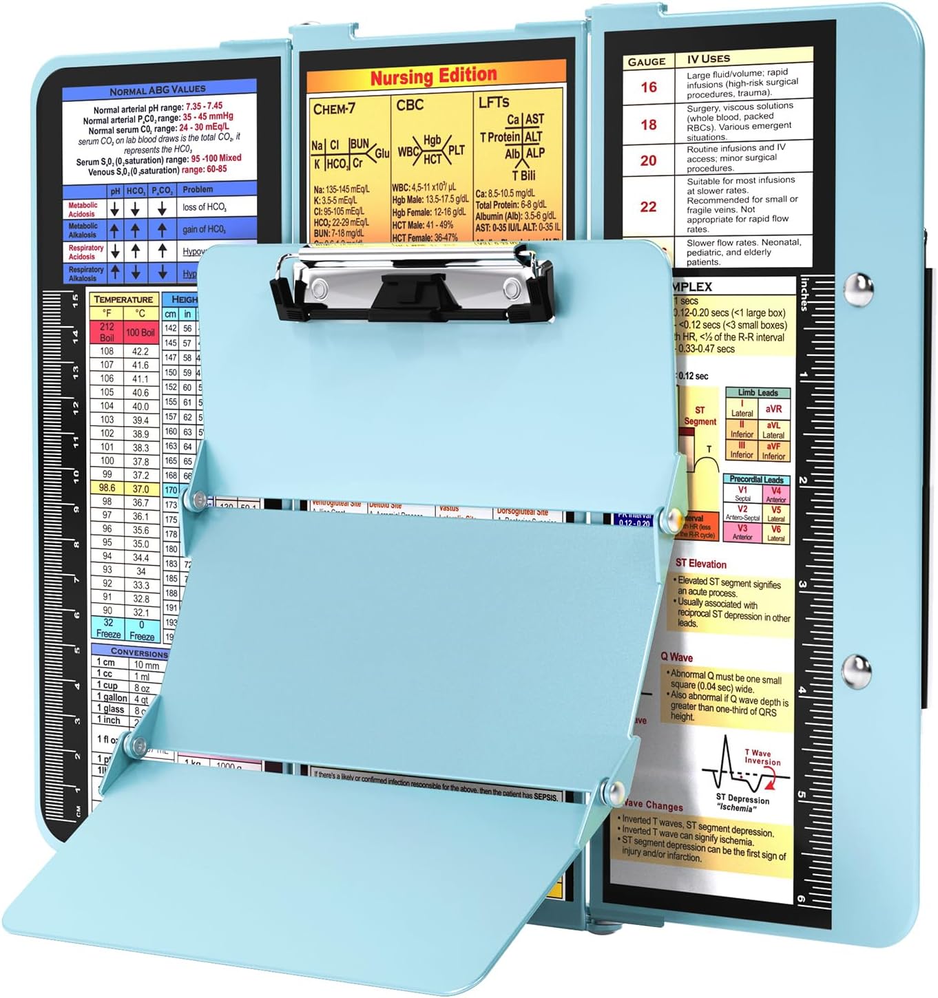Nursing Clipboard Foldable, Foldable Clipboard w/Nursing Edition Cheat Charts,3 Layers Aluminum, Nurse Clip Board w/Low Profile Clip&Pen Clip Pocket for Nurses and Doctors,Light Blue