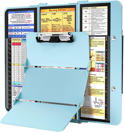 Nursing Clipboard Foldable, Foldable Clipboard w/Nursing Edition Cheat Charts,3 Layers Aluminum, Nurse Clip Board w/Low Profile Clip&Pen Clip Pocket for Nurses and Doctors,Light Blue