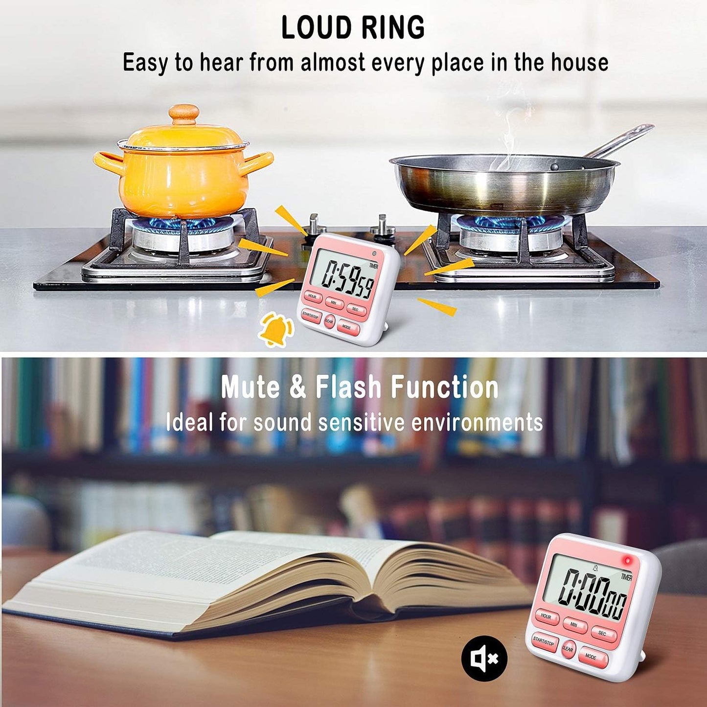 KTKUDY Digital Kitchen Timer with Mute/Loud Alarm Switch ON/Off Switch, 12-Hour Clock & Alarm, Memory Function Count Up & Count Down for Kids Teachers Cooking, Large LCD Display, Strong Magnet (Black)
