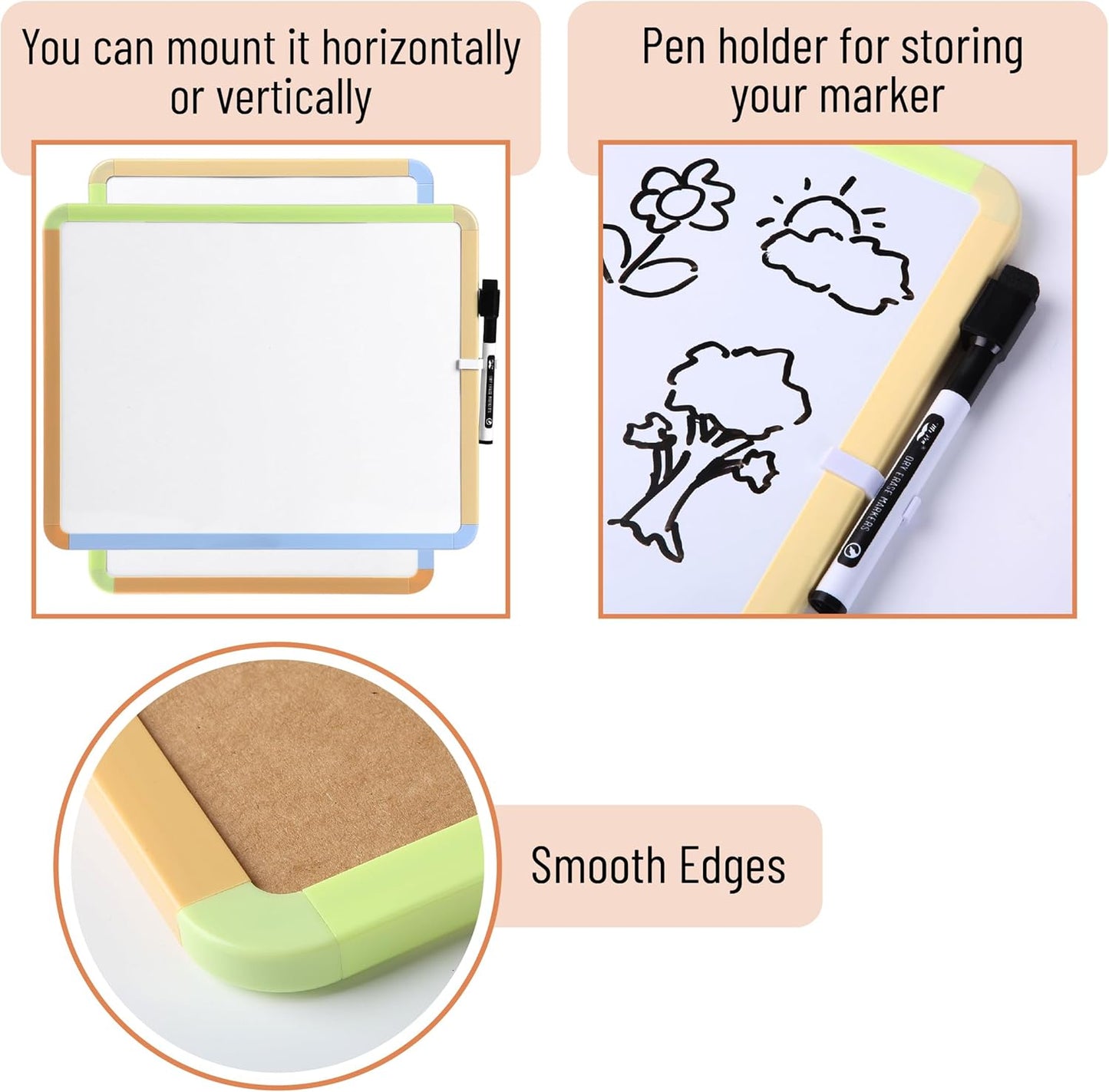 Mr. Pen- Dry Erase Board, 14” x 11” with a Black Dry Erase Marker, White Frame, Small Mini White Board for Students, Fridge, Wall, Locker, Includes Double Sided Tapes