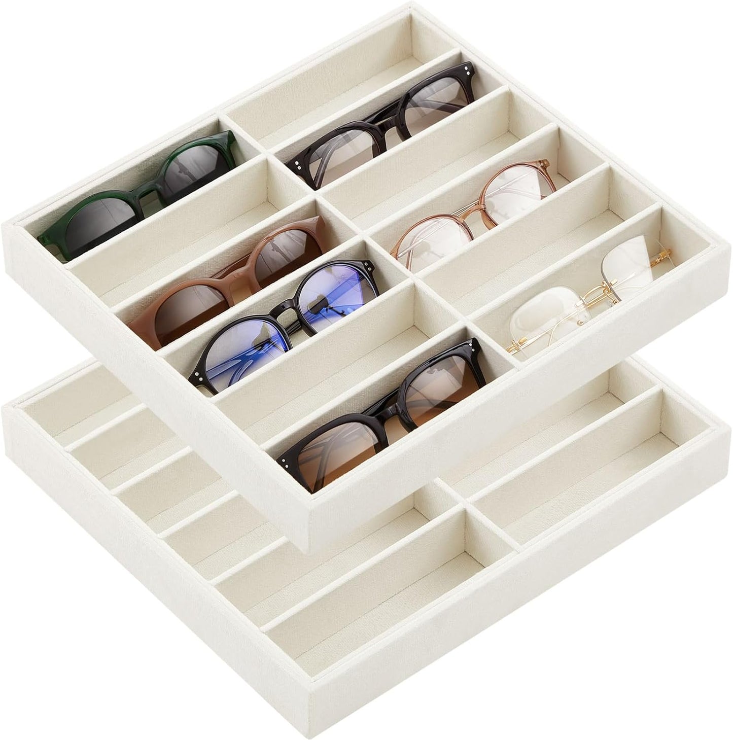 Amylove 2 Pcs Sunglass Organizer Trays Glasses Stackable Jewelry Trays Sunglass Organizer Display Box(8 Grids,Beige)
