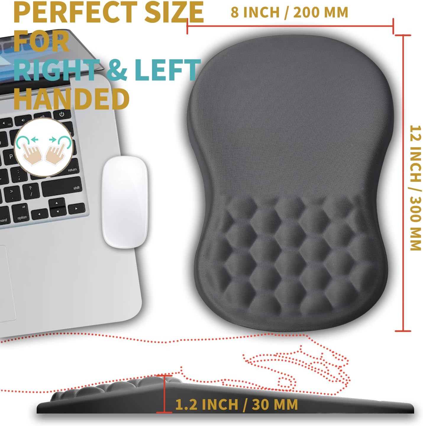 Hokafenle Ergonomic Mouse Pad Wrist Support with Massage Design, Wrist Rest Pain Relief Mousepad with Memory Foam&Non-Slip PU Base, Mouse Pads for Wireless Mouse & Desk (12x8 inch,Black)