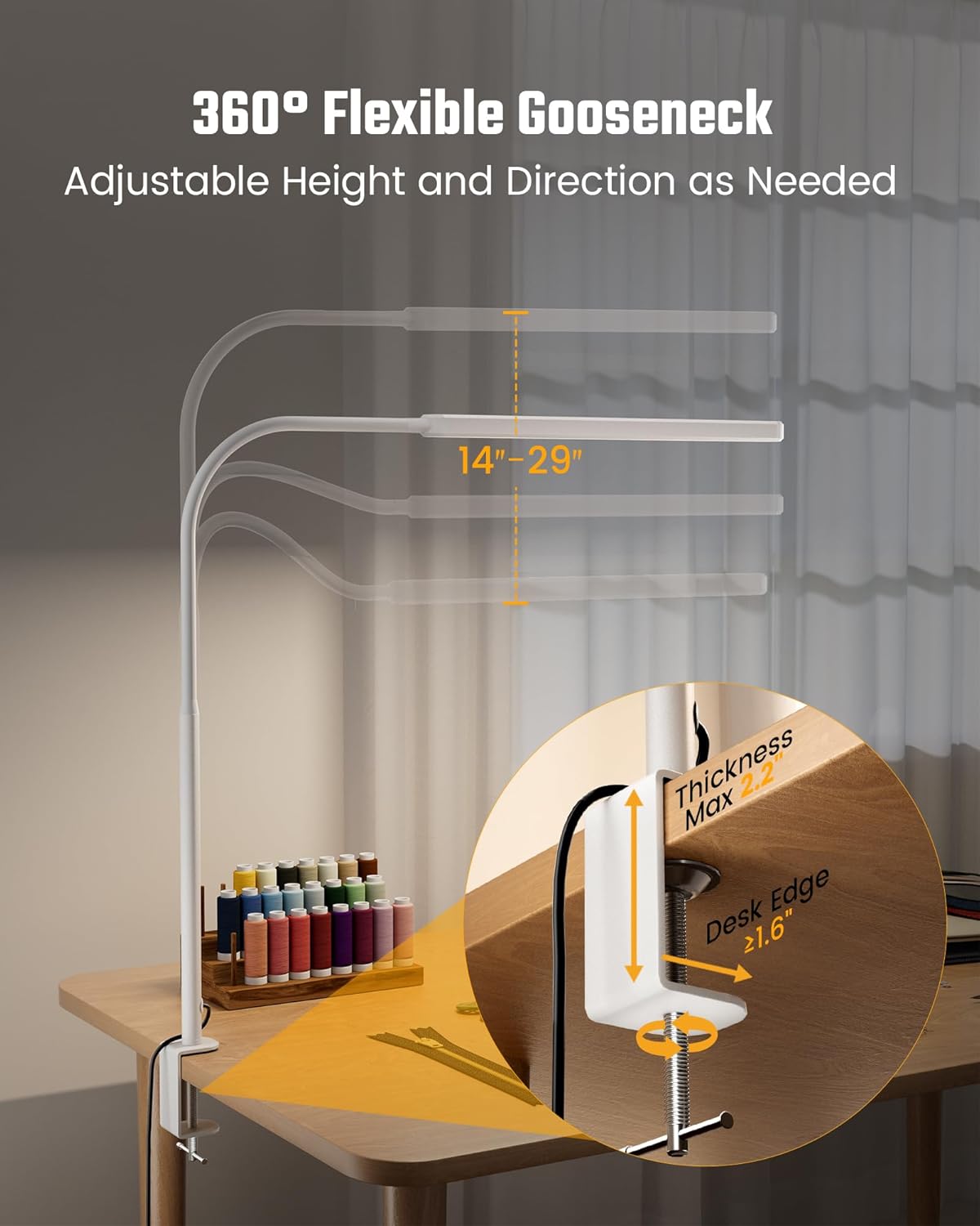 SUPERDANNY Eye-Caring LED Desk Lamp 360° Flexible Gooseneck Work Lamp with Desk Side Clamp Touch Control 3 Light Colors Smooth Dimming Task Lighting Reading Light for Home Office College Dorm, Black