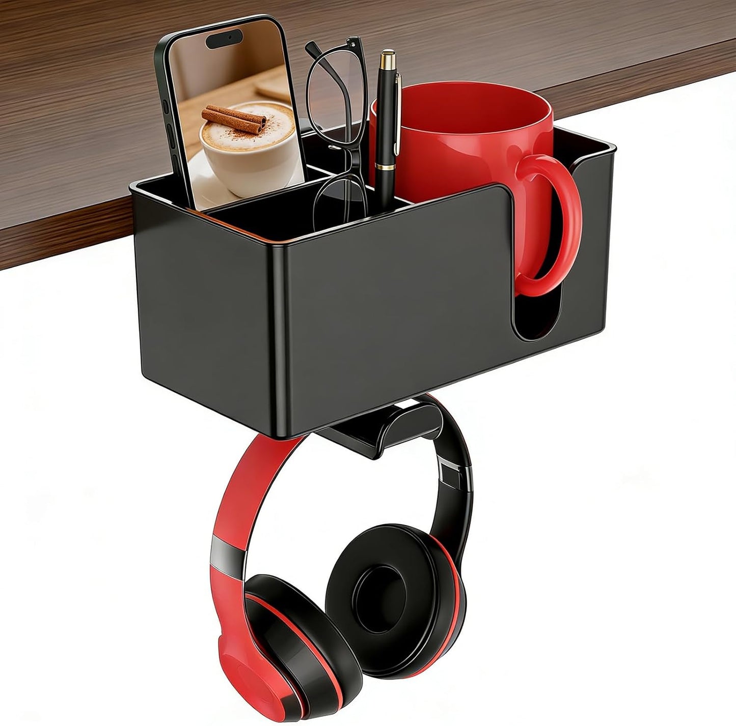 MYITYARD Desk Cup Holder Clamp, Anti-Spill Clip On Table Cup Holder, Rotatable Water Bottle Stand Drink Coffee Mug Storage, Office Accessories for Home and School (Black)
