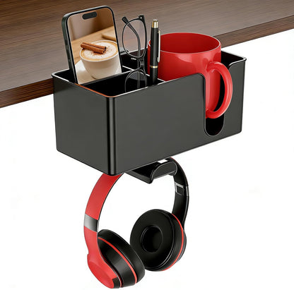MYITYARD Desk Cup Holder Clamp, Anti-Spill Clip On Table Cup Holder, Rotatable Water Bottle Stand Drink Coffee Mug Storage, Office Accessories for Home and School (Black)