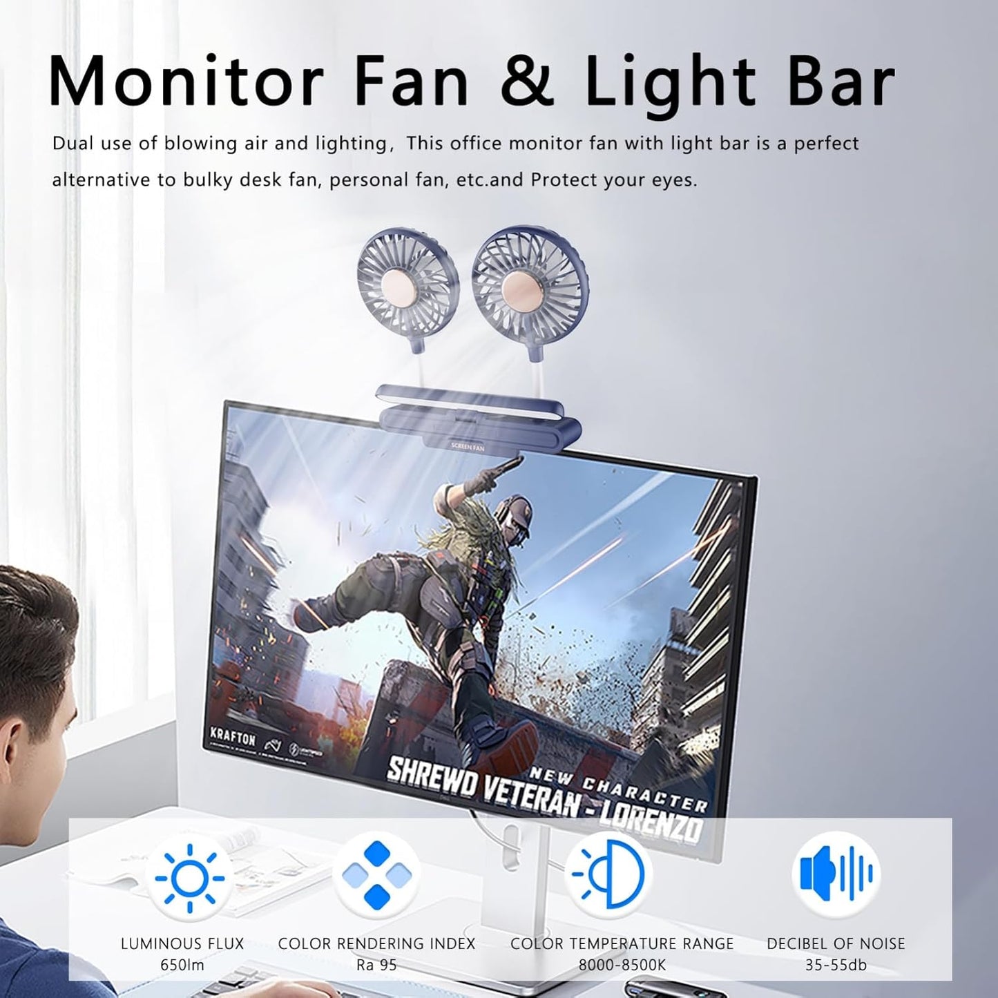 Binguowang Monitor Fan with Clamp & Light Bar Desk Lamp with fan for Office mini Desk fan small quiet with lamp for PC Laptops Tablet for Home Office Portable Working Reading Stand Lamp (Dark Blue)