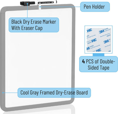 Mr. Pen- Dry Erase Board, 14” x 11” with a Black Dry Erase Marker, White Frame, Small Mini White Board for Students, Fridge, Wall, Locker, Includes Double Sided Tapes