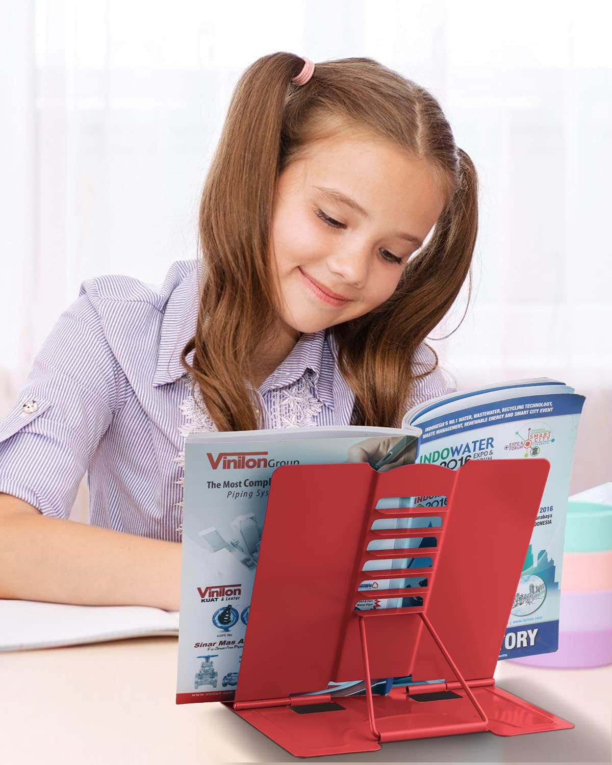 MSDADA Desk Book Stand Metal Reading Rest Book Holder Adjustable Cookbook Documents Holder Bookstands for Recipes Textbook Music Books, the First Day of School Gift for Students, Teachers (Light Blue)