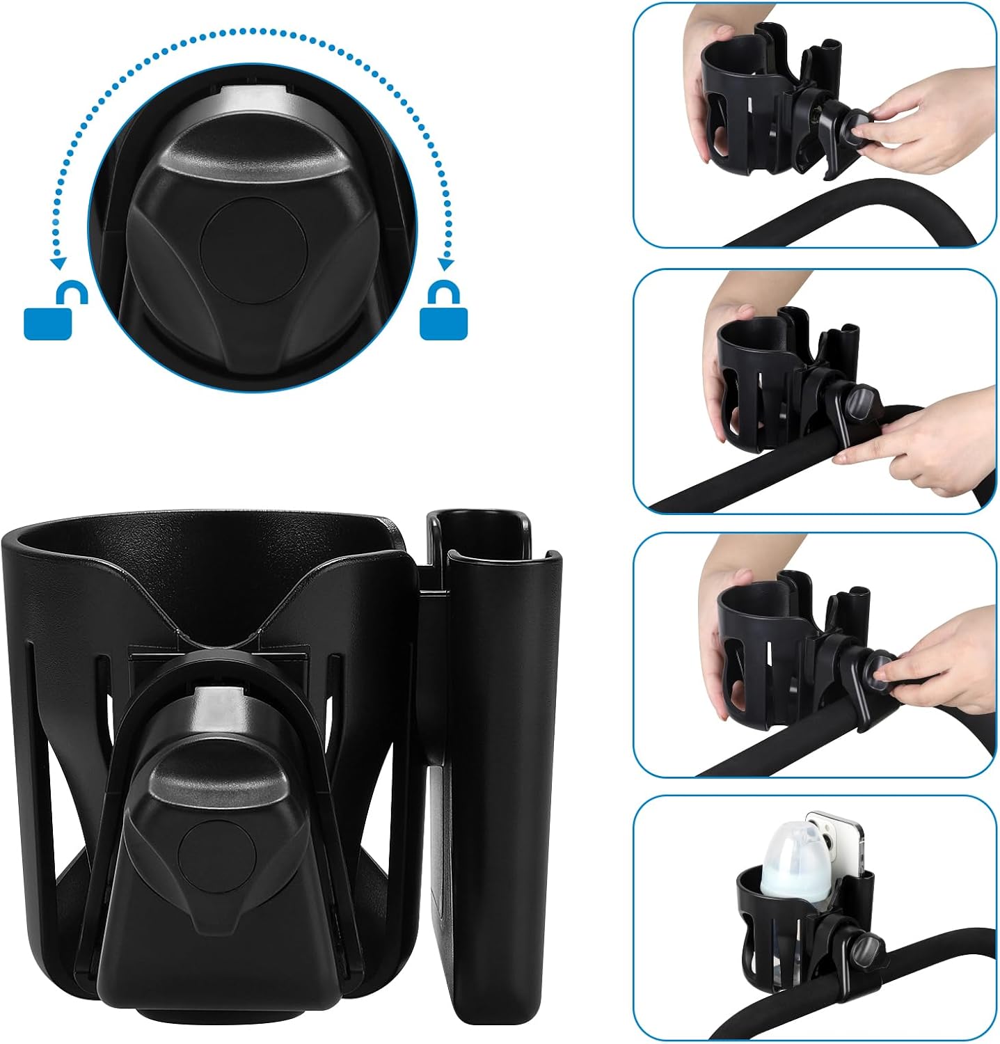 Accmor Stroller Cup Holder, Universal Cup Holder for Stroller Walker Bike, 360° Rotatable Large Caliber Designed Bottle Holder for Stroller, Bike, Wheelchair, Scooter