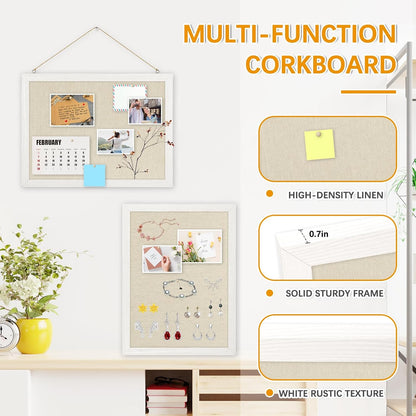 DOLLAR BOSS Bulletin Boards with Linen 1-Pack 16''X 12'' Double-Sided Cork Board for Walls Wood Framed Bulletin Boards, Small Pin Board for Home Kitchen Office Decorative Hanging 10 Pushpins