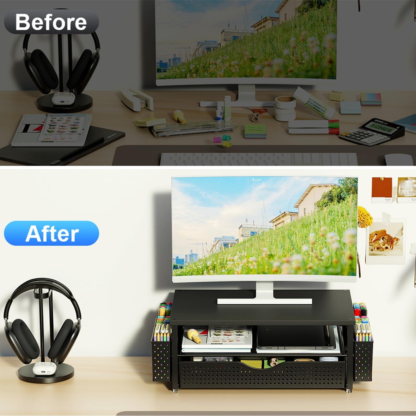 Spacrea Desk Organizer and Accessories, Computer Monitor Stand Riser with Drawer and 2 Pen Holders, Office Desk Accessories & Workspace Organizers for Office Supplies (Wood)