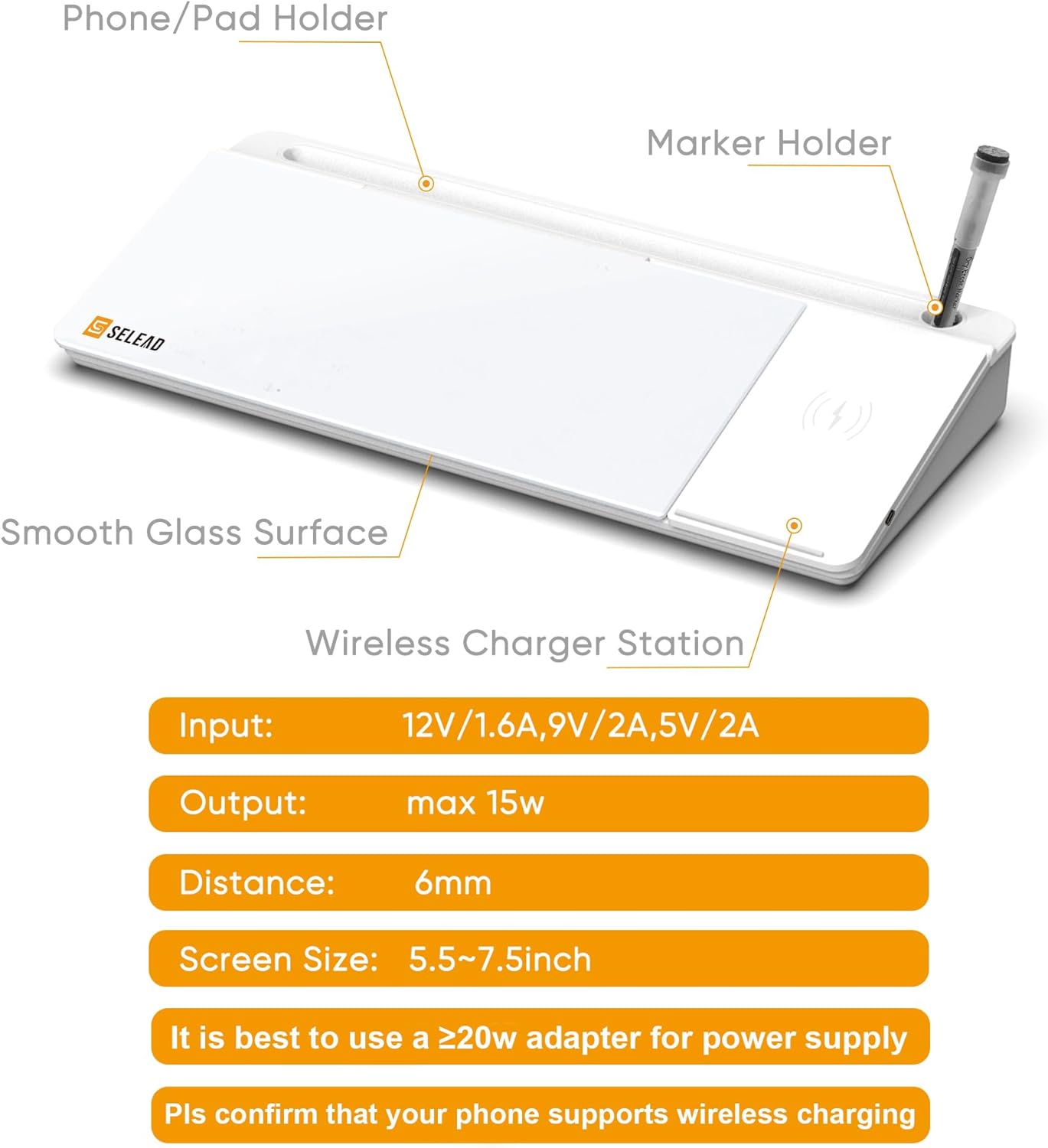 SELEAD Desktop Glass Whiteboard with Wireless Charger Station, Dry Erase Board Computer Pad Keyboard Stand with Organizer for Home, School, Office Desk Accessories, Black
