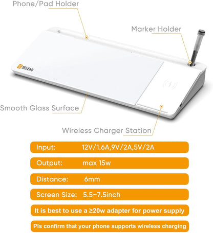 SELEAD Desktop Glass Whiteboard with Wireless Charger Station, Dry Erase Board Computer Pad Keyboard Stand with Organizer for Home, School, Office Desk Accessories, Black