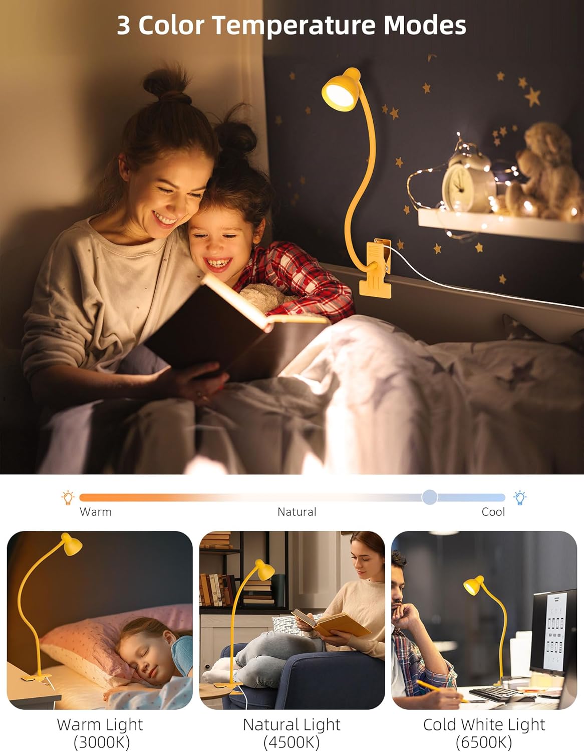 LiFMIRA Clip-on Reading Light - 3 Color Modes, 10 Dimmable Brightness, Eye Care Clamp Desk Lamp with Flexible Gooseneck for Reading in Bed, Desk, Headboard, Computer