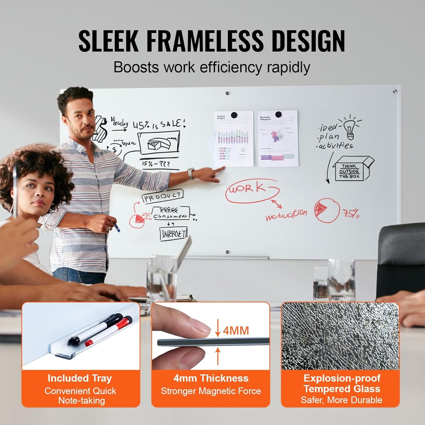 VEVOR Magnetic Glass Whiteboard, Dry Erase Board 36"x24", Wall-Mounted Large White Glassboard Frameless, with Marker Tray, an Eraser and 2 Markers, Black