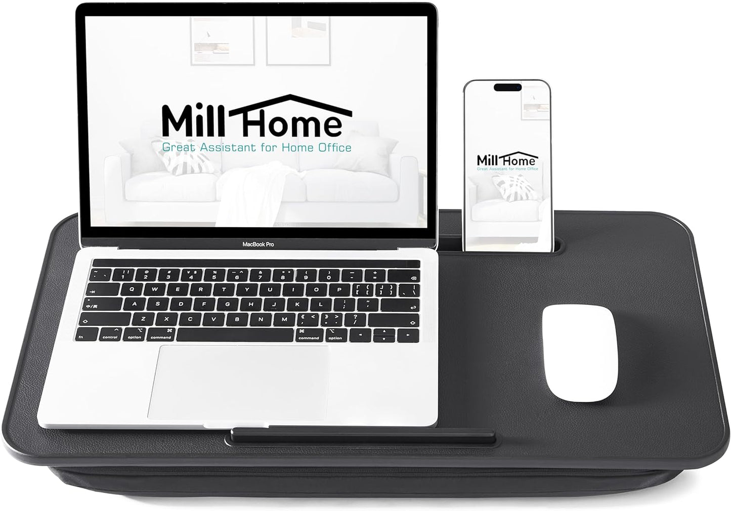 Lap Desk with Cushion, Fits up to 17 inch Laptop, Pillow Designed, Portable Laptop Stand with Tray, Pad & Phone Holder, Home Office for Bed/Couch/Car/Reading/Writing,MillHome (Black)