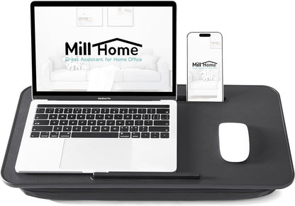 Lap Desk with Cushion, Fits up to 17 inch Laptop, Pillow Designed, Portable Laptop Stand with Tray, Pad & Phone Holder, Home Office for Bed/Couch/Car/Reading/Writing,MillHome (Black)