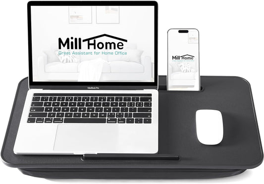 Lap Desk with Cushion, Fits up to 17 inch Laptop, Pillow Designed, Portable Laptop Stand with Tray, Pad & Phone Holder, Home Office for Bed/Couch/Car/Reading/Writing,MillHome (Black)