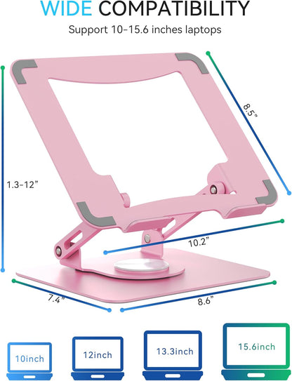 SOUNDANCE 360 Rotating Laptop Stand, Ergonomic Computer Riser for Desk, Adjustable Height Multi-Angle Metal Holder, Foldable Portable Notebook Elevating Base for Office & Home, White