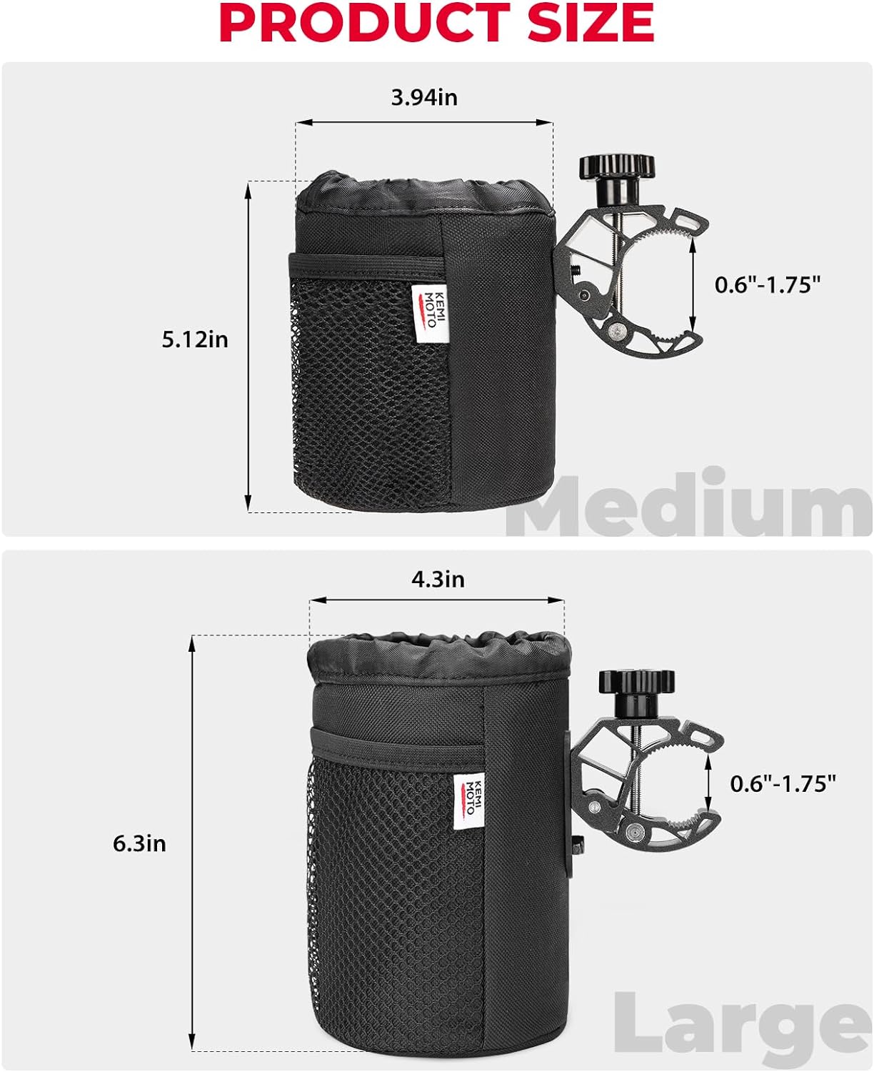 KEMIMOTO Motorcycle Cup Holder, Oxford Fabric Motorcycle Drink Holder with 0.6"-1.5" Alligator Clamp, Universal Water Bottle Cup Accessories for Bike, ATV/UTV, Scooter, Boat, Walker