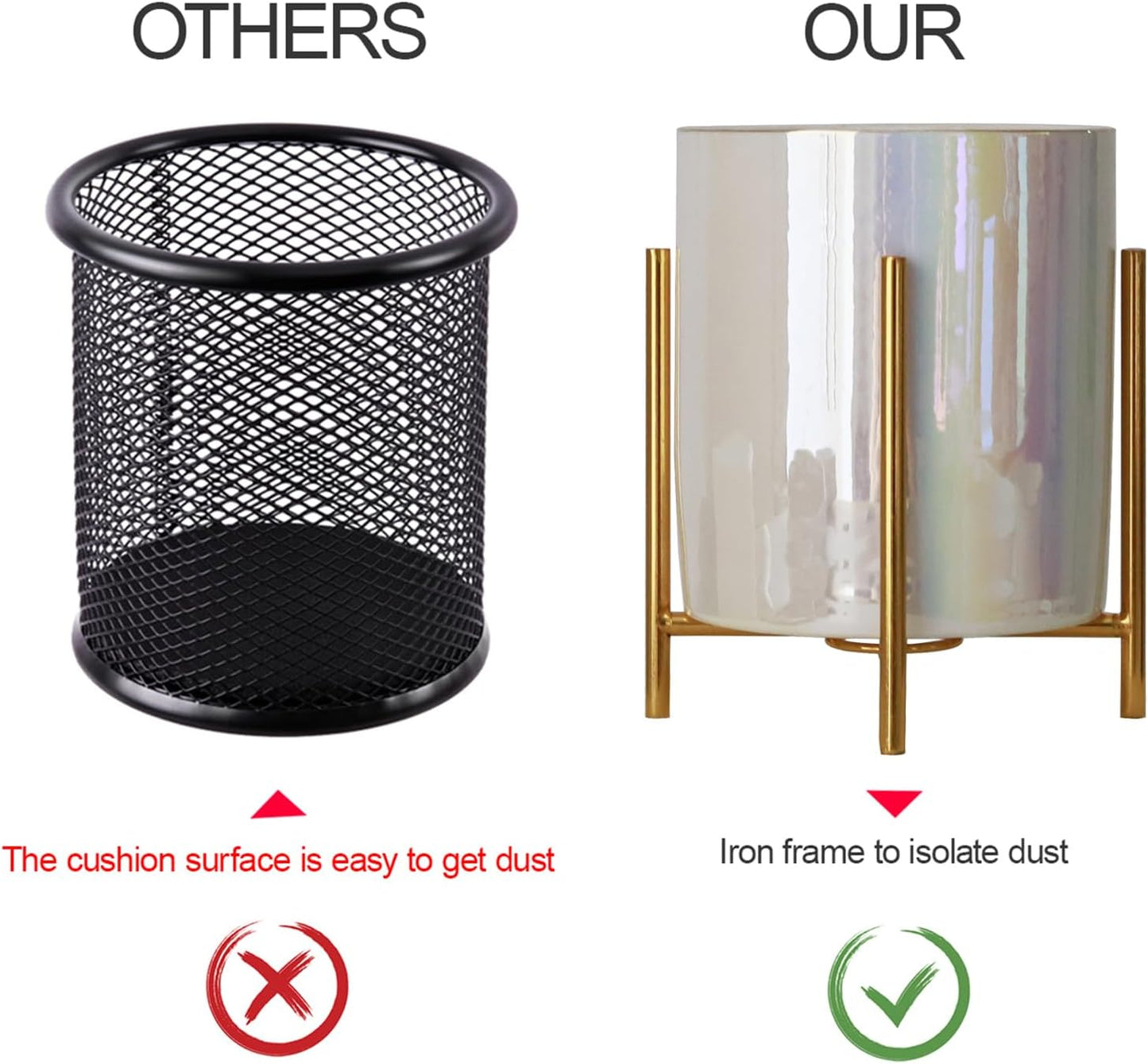 Gold Pencil Cup Sturdy Metal Frame With White Ceramic Pen Holder For Desks and kitchen Appliance Holders
