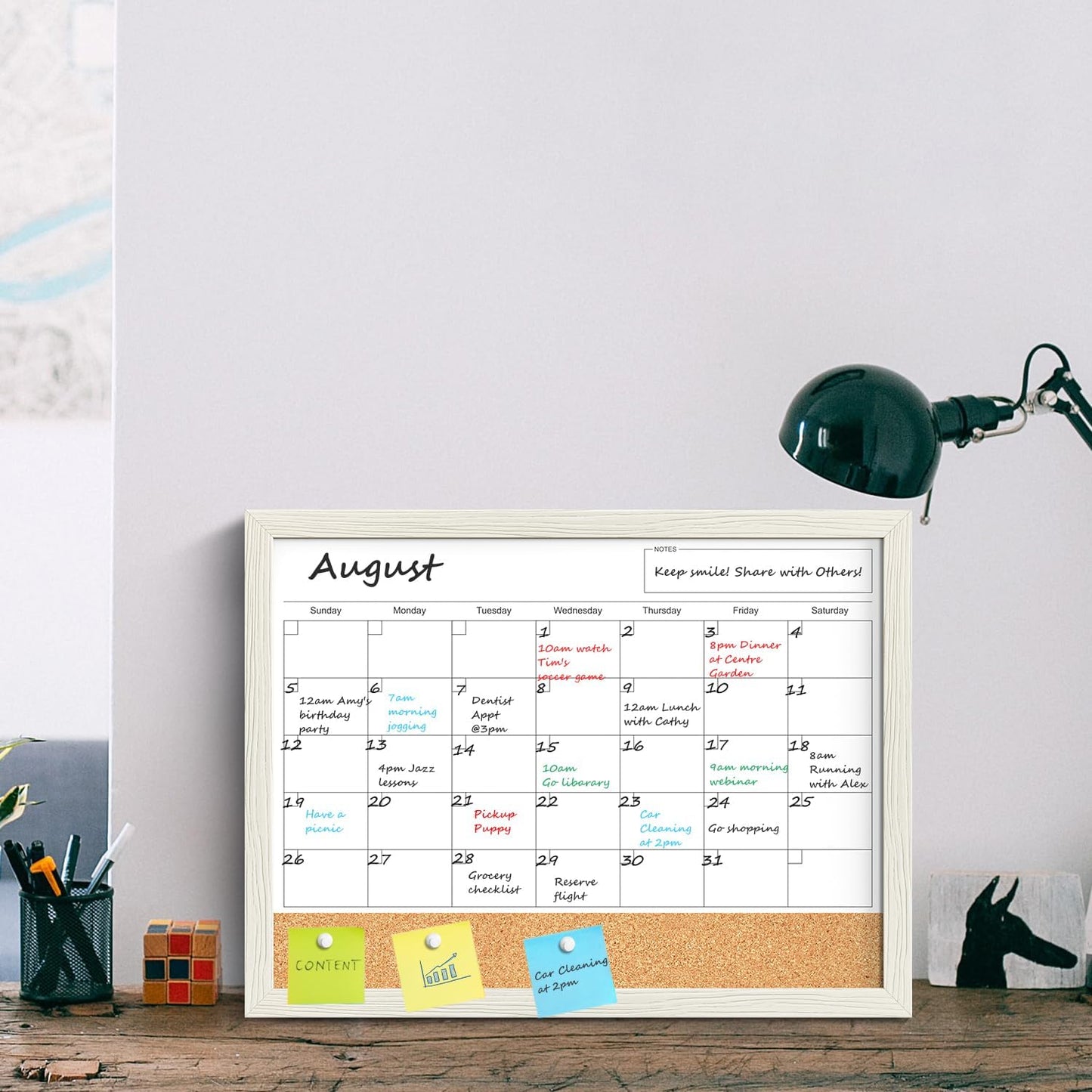 Calendar Whiteboard for Wall, TANKEE 17x13 Inches Whiteboard Calendar Cork Board Combo, Small Magnetic White Board with Wood Framed, Hanging Dry Erase Board for Kitchen Home Office School Planner
