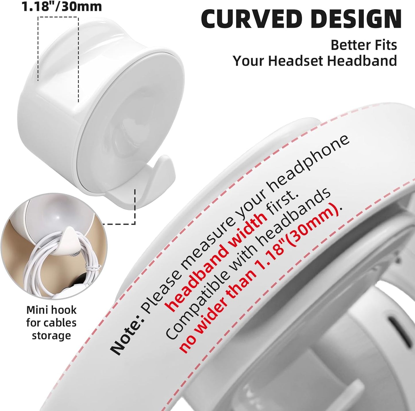 Headphone Holder Wall Mounted, Under Desk Adhesive Headphone Hook, White Gaming Headset Stand Hanger for Desk with Cable Hook, Fits Slim On-Ear & Over-Ear Headphones| Headband Width Up to 30mm