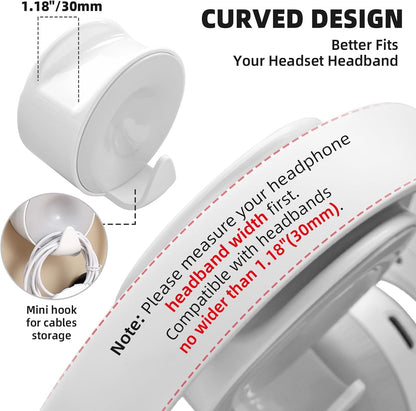 Headphone Holder Wall Mounted, Under Desk Adhesive Headphone Hook, White Gaming Headset Stand Hanger for Desk with Cable Hook, Fits Slim On-Ear & Over-Ear Headphones| Headband Width Up to 30mm