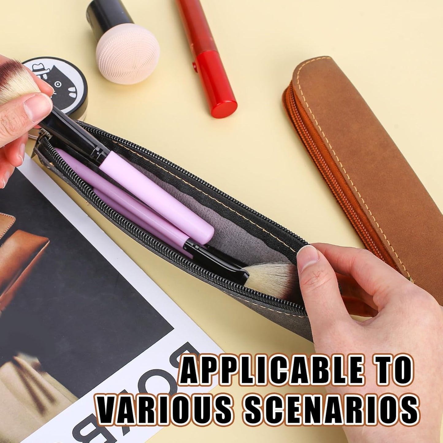 Psyqtsuary Leather Pencil Case, 2 Pcs Slim Small Pencil Pouch Portable Flat Pen Pouch with Zipper Simple Makeup Bag Lipstick Case for Women Men Home, Office, Travel Outdoor (Black, Claret)