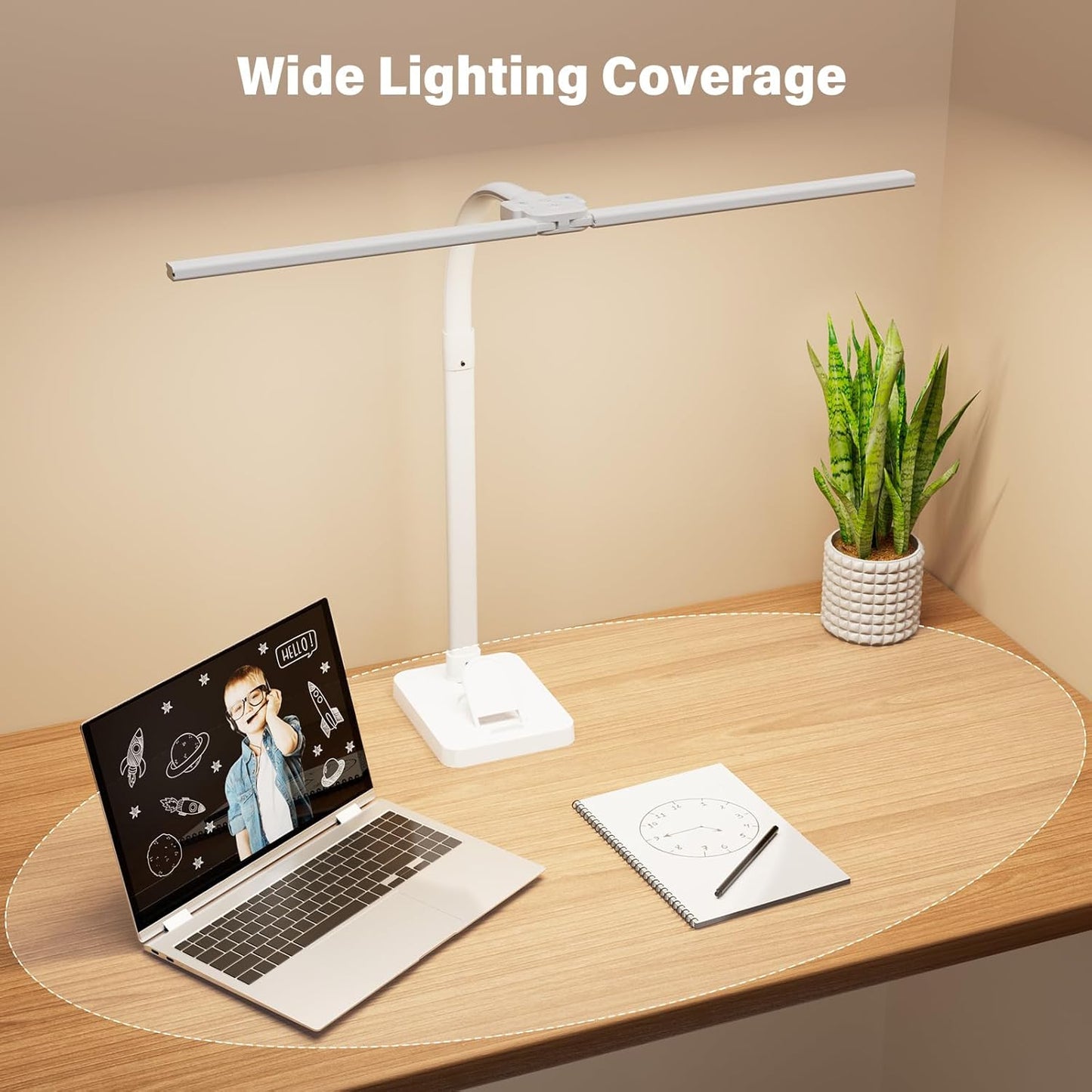 LED Desk Lamp with Base - Bright Dimmable Computer Lamp with Phone Holder, 24W Bendable Desk Light for Monitor Screen, Eye-Caring Tall Desktop Light for Task Home Office Work, Black, Dual Head
