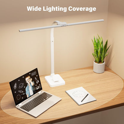 LED Desk Lamp with Base - Bright Dimmable Computer Lamp with Phone Holder, 24W Bendable Desk Light for Monitor Screen, Eye-Caring Tall Desktop Light for Task Home Office Work, Black, Dual Head