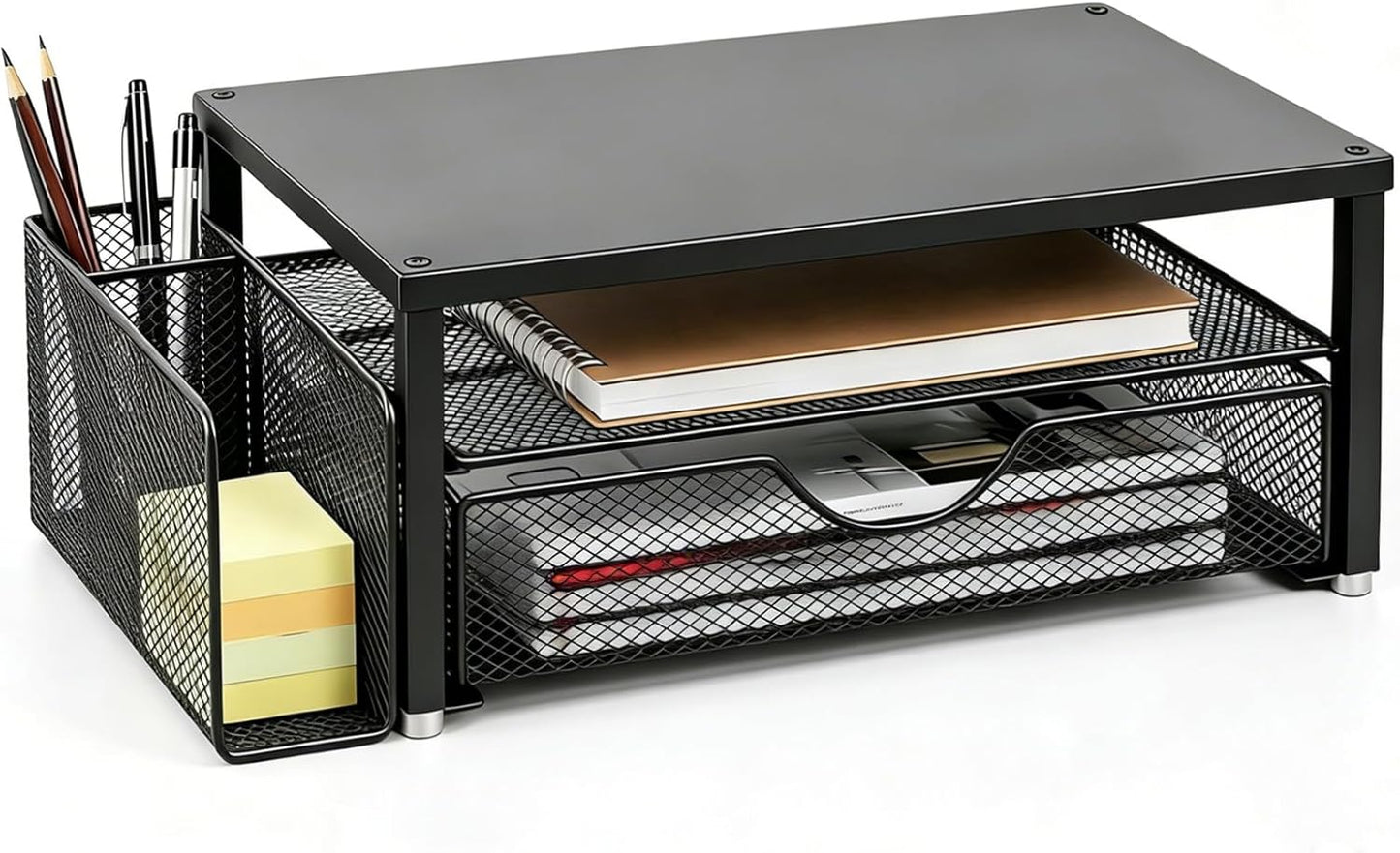 Spacrea Desk Organizer and Accessories, Computer Monitor Stand Riser with Drawer and 2 Pen Holders, Office Desk Accessories & Workspace Organizers for Office Supplies (Wood)
